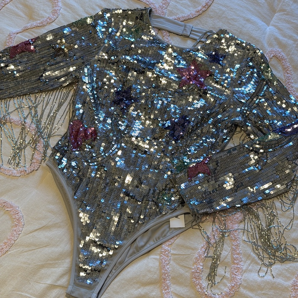 Nasty Gal Silver Sequin Bodysuit with Beaded Fringe